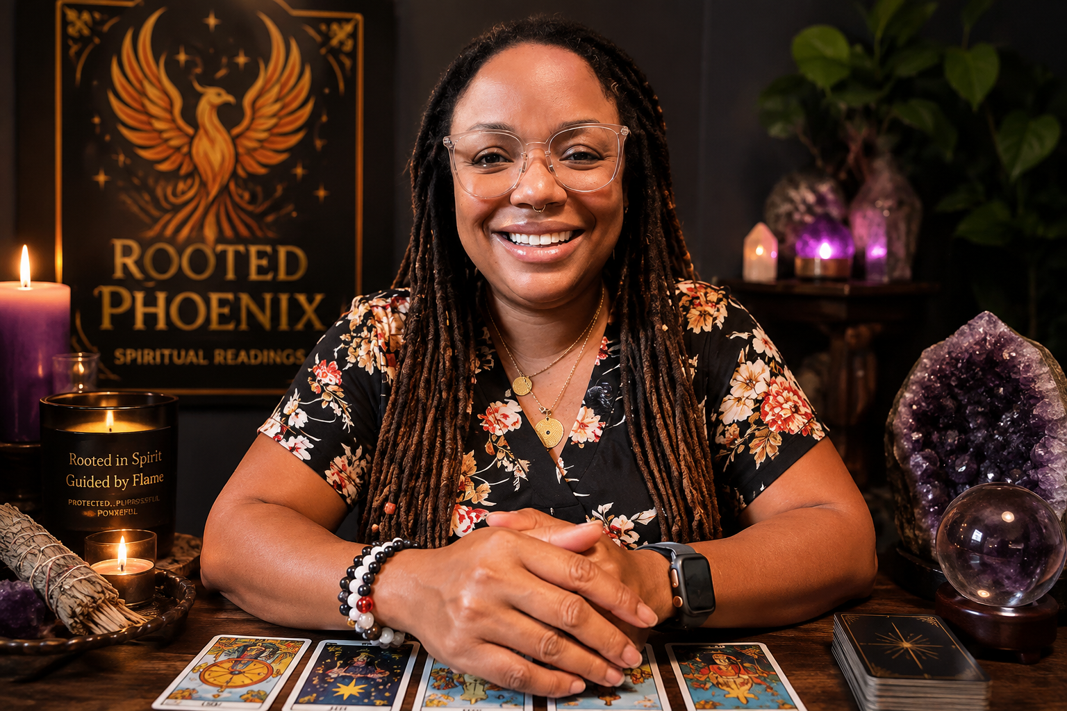 Estrella Phoenix smiling at a spiritual reading table surrounded by tarot cards, crystals, candles, and Rooted Phoenix decor, offering intuitive tarot and oracle readings. 